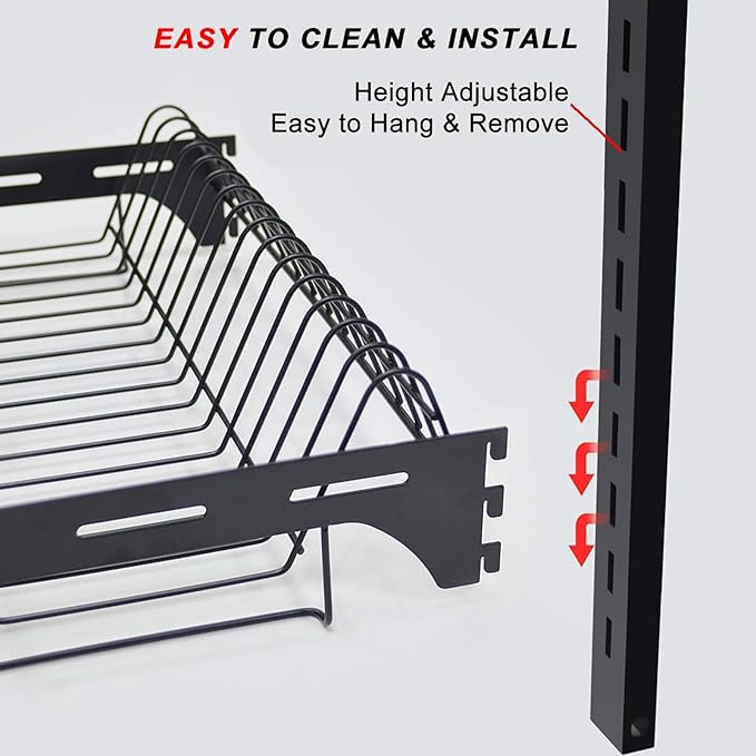 Wall Mounted Dish Drying Rack, 3 Tier Hanging Dish Rack Drainer, Wall Mount Kitchen Plate Organizer Storage Shelf with Drain Tray and 3 Hook, Stainless Steel, Black, Large, Ajustable Height (21.8")