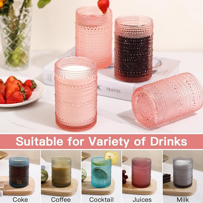 JOVGANK Pink Vintage Hobnail Drinking Glasses Set of 6, Water Tumbler 15oz, Kitchen & Bar Beaded Highball Glasses, Beverage Glass Cups for Water, Beer, Juice, Housewarming Gift