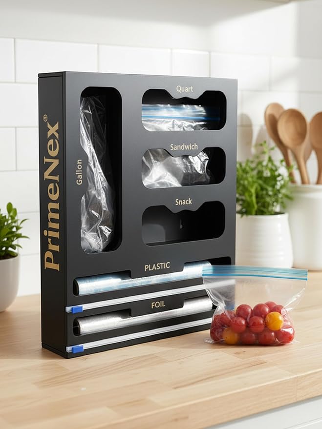 Storage Bag organizer, 6 in 1 Foil and Plastic Wrap Dispenser with Cutter, Bamboo Kitchen Drawer Organizer Food Bag Organizer for Gallon, Quart, Sandwich, Snack Bags (Black)