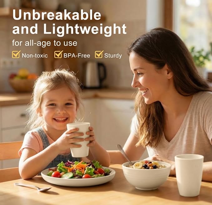 Dishes Set for 8, Wheat Straw Dinnerware Sets 40 Piece, Unbreakable Bowls and Plates Set, Plastic Plates Reusable, Microwavable Dishware Sets for Apartment, RV, Picnic - Beige