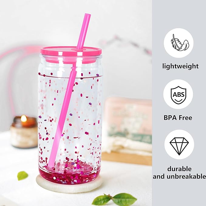 16 oz Plastic Snow Globe Tumbler Double Wall Snowglobe Tumbler with Pre Drilled Hole Can with Lids and Straws Plastic Mason Jar Mug for Snow Globe Glitter DIY Gift
