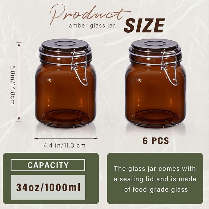 Norme 6 Pack 34oz Amber Airtight Glass Jars with Lids, Square Food Storage Container Airtight Food Wire Clip Fastening for Sauerkraut Flour Kitchen Sugar Cereal Kitchen Canning Pickling Mason Jars