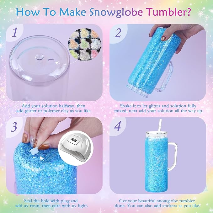 20 Oz Acrylic Snow Globe Tumbler Cup with Handle, Double Wall Plastic Snowglobe Tumbler with Pre-Drilled Hole and Plug for Glitter DIY, 8 Pack