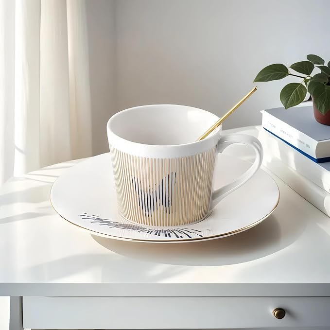 Old Craftsmen's Coffee Cup and Saucer Sets 8.45oz Unique Dynamic Mirage Reflection Tea Cup Luxury Porcelain Mirror Ceramic Mug Gifts for Cappuccino Espresso 250ml Butterfly