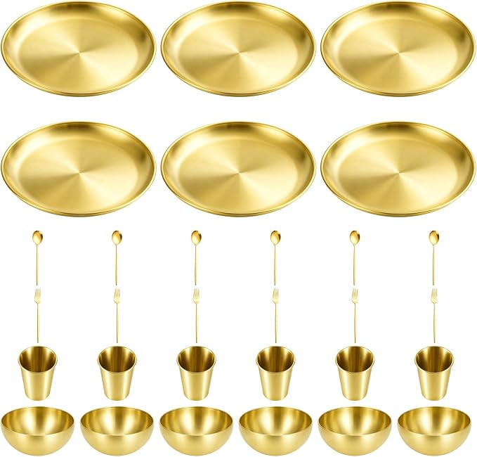 30PCS Stainless Steel Plates and Bowls Sets, Includes 6Set Plates, Beer Mugs, Salad Bowls, Gold Forks & Spoons, 304 Reusable Camping Mess Kits for Home Kitchen, Dorm and Outdoor Picnic (Gold-B)