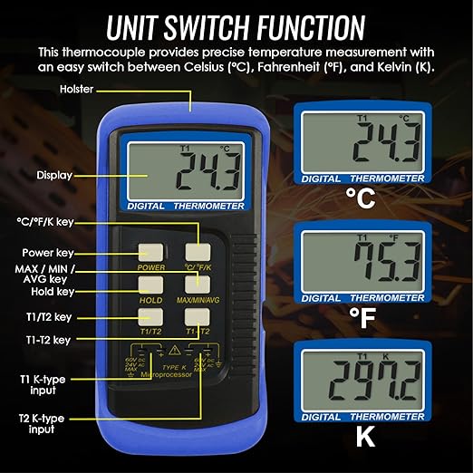 DANOPLUS Digital K Type Thermometer with 4 Thermocouples, Dual Channels Thermocouple Tester with MAX/MIN/AVG Temperature Measurement (-501300C)