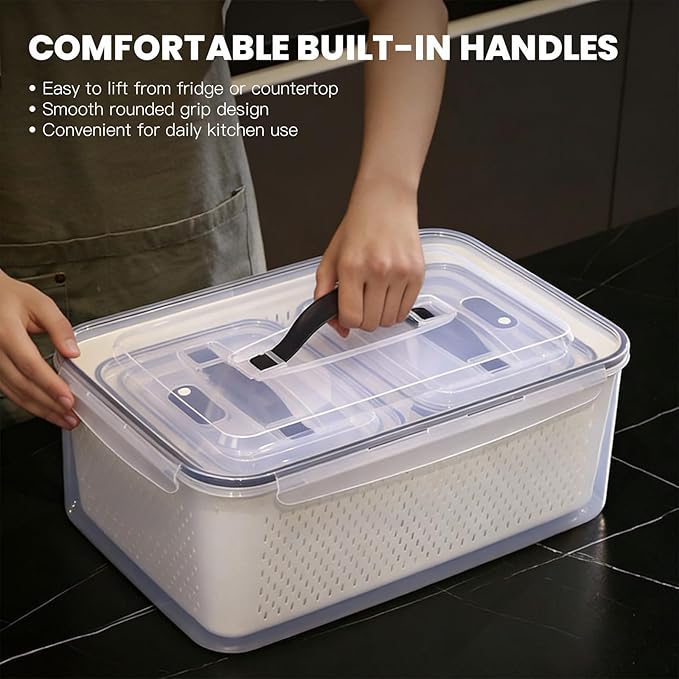 Produce Storage Containers Set with Drain Basket & Lid – Stackable Fridge Organizer Bins for Refrigerator – Fruit & Vegetable Storage Keeper, Berry Container, Lettuce Storage Box (6 Sizes) (4)