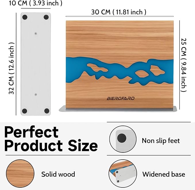 Magnetic Knife Block with Steel Base, Double‑Sided Knife Holder Made of Acacia Wood for Chef Knives, Modern Kitchen Countertop Organizer, Blue Resin River Design