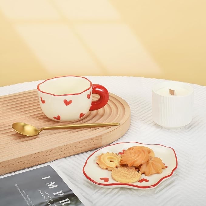 Koythin Ceramic Coffee Mug Saucer Set, Cute Creative Cup with Heart Pattern Saucer Design for Office and Home, Dishwasher and Microwave Safe, 6 oz/180 ml for Latte Tea Milk (Red Heart)