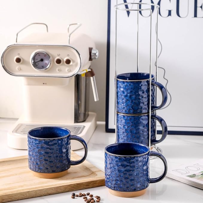 Nihow 16 OZ Ceramic Coffee Mug with Stackable Stand,Set of 4,Blue | Stainless Stand Included, Cappuccino & Tea, Hot/Cold Drinks, Dishwasher & Microwave Safe