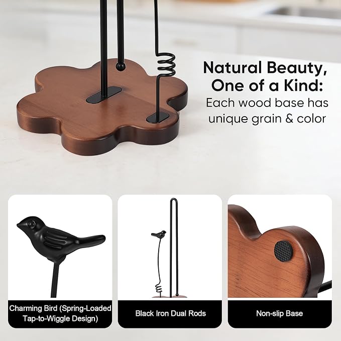 Wood Paper Towel Holder Countertop,Flower Shaped Wood Base with Decorative Spring-Loaded Iron Bird Accent,Dual Iron Rods,Non Slip Pads,Stable for Kitchen,Dining Room & Home Decor
