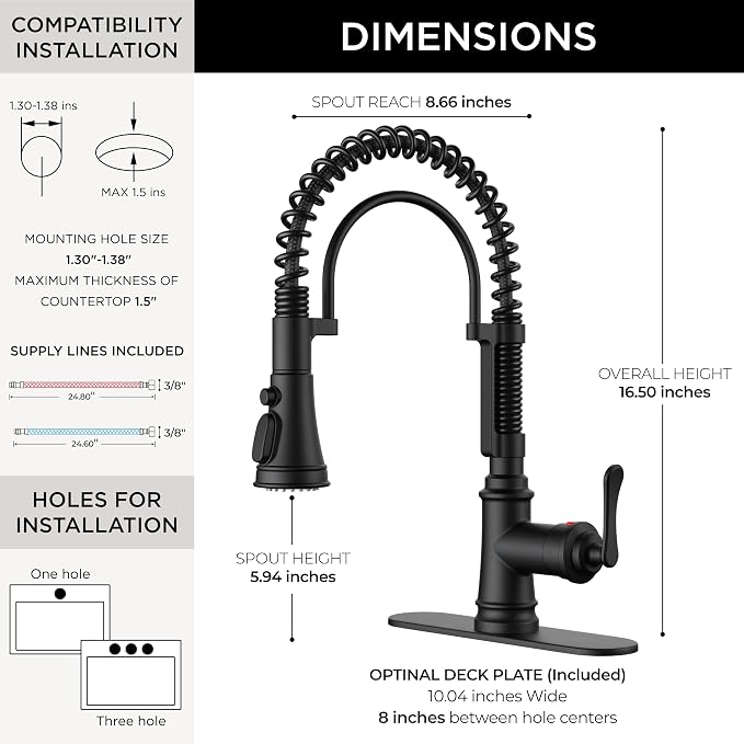 FORIOUS Black Kitchen Faucet with Pull Down Sprayer, Stainless Steel Single Handle Spring Antique Kitchen Sink Faucet with Deck Plate for 1 or 3 Holes, Sutiable for Farmhouse, RV, Camper, Wet Bar