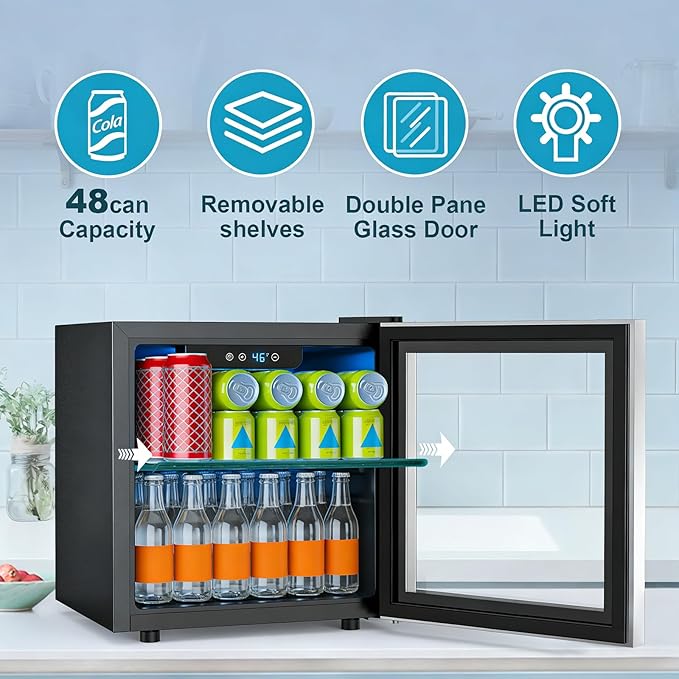 Electactic 48 Can Beverage Refrigerator,12 Bottle Wine Cooler with Seamless Stainless Steel & Glass Door, Digital Temperature Display, Countertop Mini Fridge for Soda, Wine or Beer, Silver