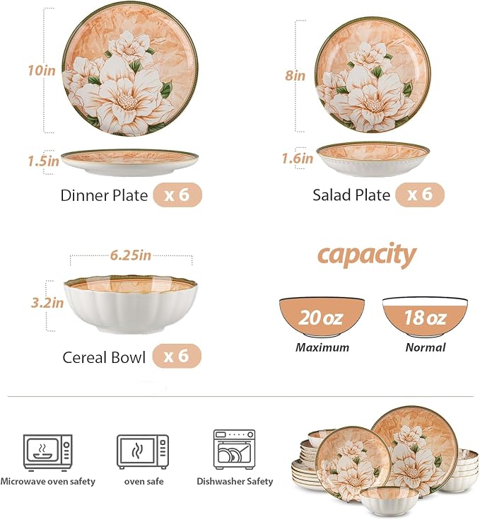 18 Pcs Service for 6 Ceramic Dinnerware Set, Elegant Camellia | Thanksgiving Dinner, Vintage Table Deco, Stackable Porcelain Plates and bowls, Microwave & Dishwasher Safe