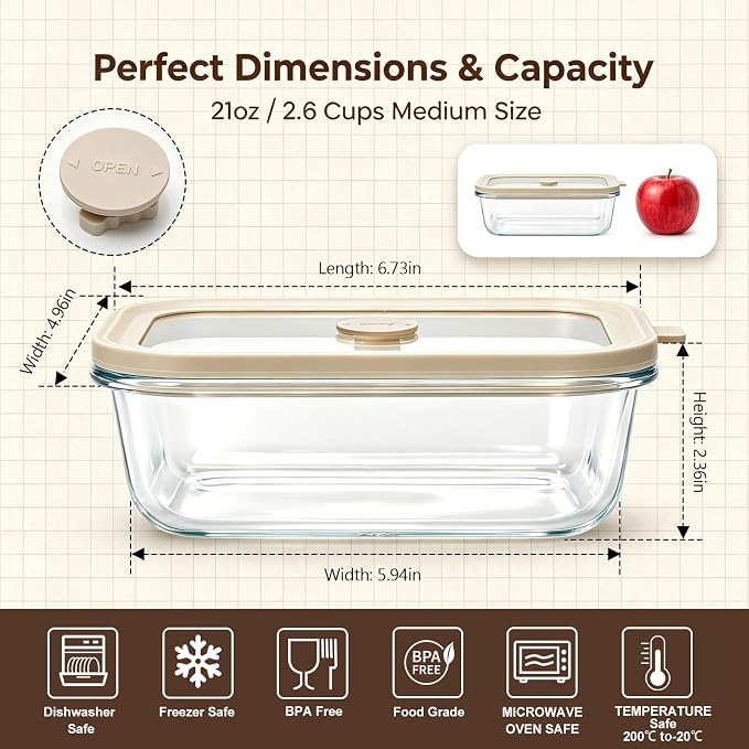 21 oz Glass Meal Prep Containers with Glass Lids, 6 Pack Plastic Free Glass Food Storage Containers, Airtight Glass Lunch Containers For Leftovers, Microwave, Oven, Freezer