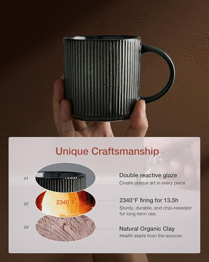 famiware Coffee Mug Set for 4, Star 12 oz Catering Mugs Cup Set with Handle for Coffee, Tea, Cocoa, Milk - Ceramic Stoneware Drinkware Set, Deep Forest