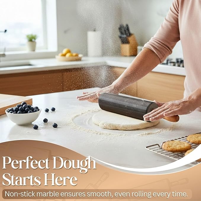 Flexzion Marble Rolling Pin Heavy Nonstick Stone Dough Roller - 10 Inch Polished Barrel with Wooden Handles & Cradle Stand for Baking Pastry Bread Pizza Cookies Pie Crust Pasta Tortillas (Black)