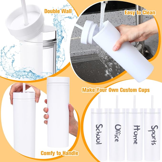 Mimorou 30 Pack Skinny Tumbler with Lids and Straws 16 oz Matte Acrylic Tumblers Straight Double Wall Plastic Reusable Cup Laser Engrave Customized DIY Gifts for Parties Birthday Home Office (White)