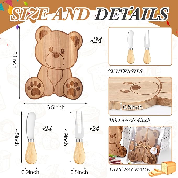 Ziliny 24 Set Baby Shower Prizes Bear Shaped Cheese Board with Cheese Knives and Forks Baby Shower Party Favors Gift Box for Wedding Bridal Birthday Gender Reveal Favor (Acacia Color)