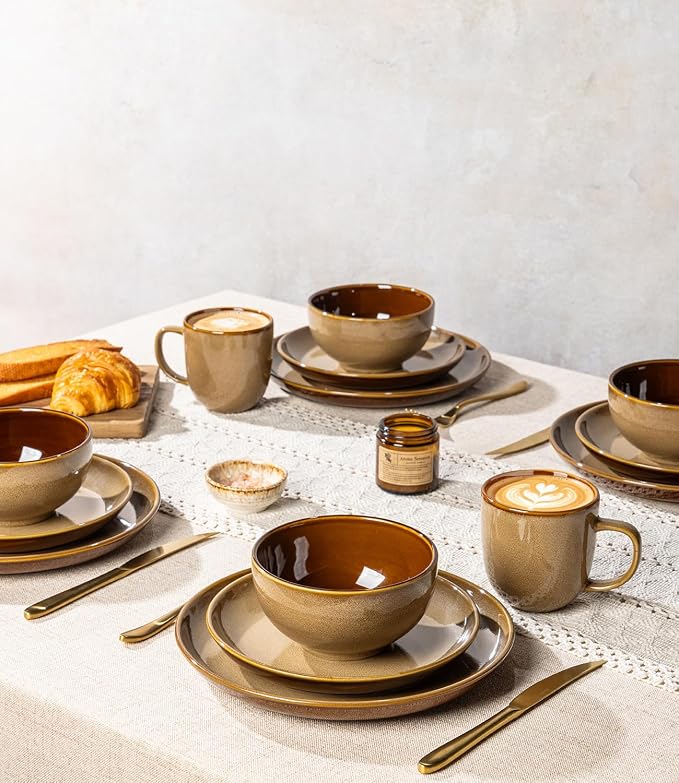 LERATIO Ceramic Dinnerware Sets for 4, 12 Pieces Ceramic Plates and Bowls Sets, Scratch Resistant Dish Set, Oven, Microwave & Dishwasher Safe- Chestnut