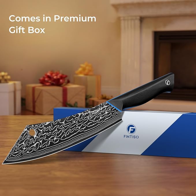 FINTISO Damascus Butcher Knife 8 Inch, Meat Cleaver Knife with 67-Layer Japanese Damascus Steel, Full Tang Ergonomic G10 Handle for Kitchen - Zeus Series