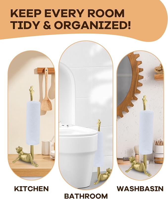 16.5" Golden Frog Paper Towel Holder for Bathroom & Kitchen - Whimsical Cast Iron Free Standing Paper Roll Holder, Decorative Toilet Paper Stand with Weighted Base