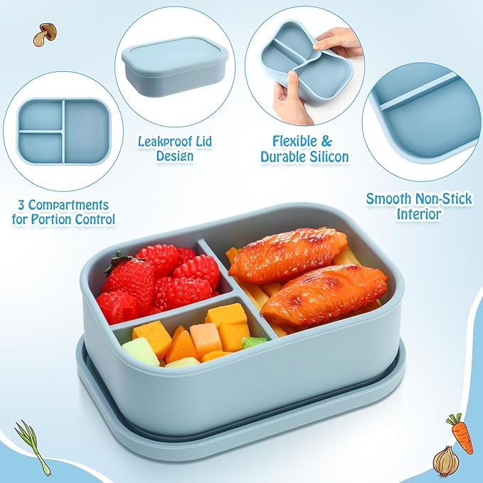 Honeydak 4 Pcs Silicone Bento Box for Adults, 3 Compartment Lunchable Food Container for Women Men, Leak Proof Microwave Dishwasher Freezer Safe (Blue)