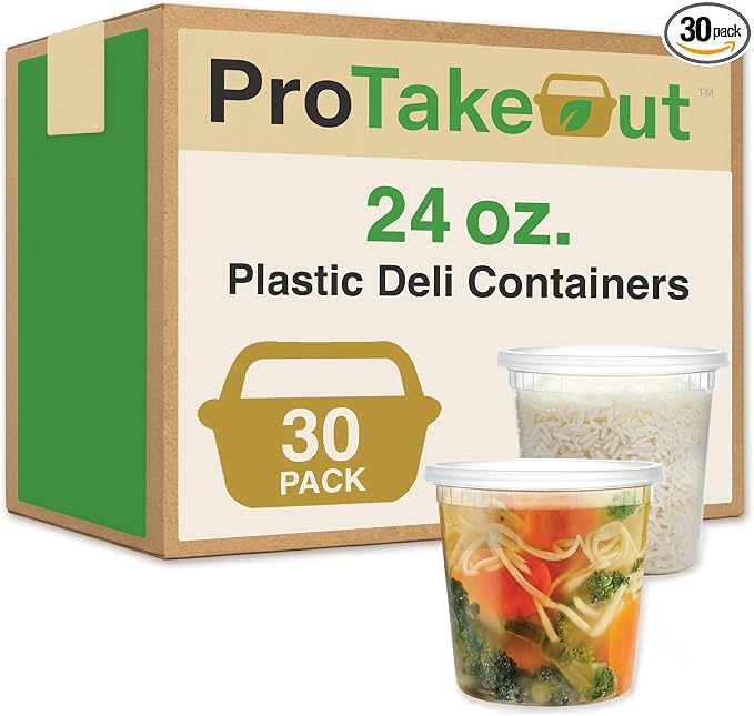 24oz [30 set] Heavy Duty Plastic Deli Container | BPA-Free Food Storage with Airtight Leak‑Proof Lids | Microwave, Freezer & Dishwasher Safe – Stackable, Bulk Reusable Soup & Meal Prep Tub