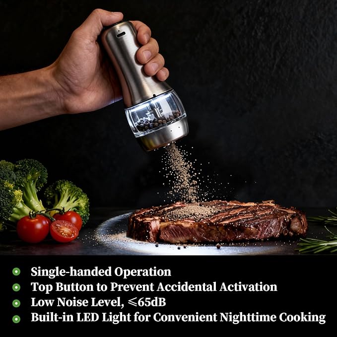 Electric Salt and Pepper Grinder Mill Set, 90ml Rechargeable Automatic Salt and Pepper Shakers with Dusty Tray, LED Lights, 5 Adjustable Coarseness for Kitchen, Outdoor Birthday Gifts for Women Mom