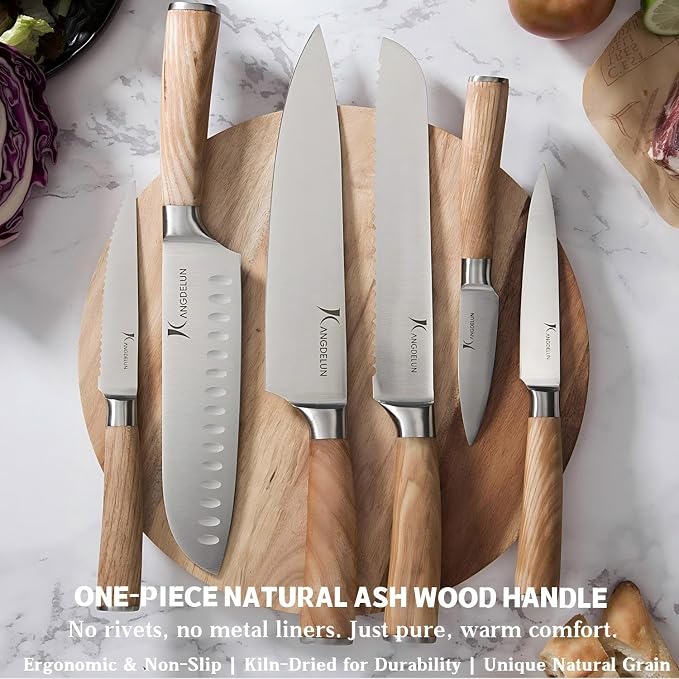 Kangdelun Ultra Sharp 15-Piece Kitchen Knife Set, High Carbon Stainless Steel Blades, Torrefied Natural Wood Handles, Ergonomic Design, Space-Saving Black-Finished Wood Block, Easy Hand Wash, Gift Box