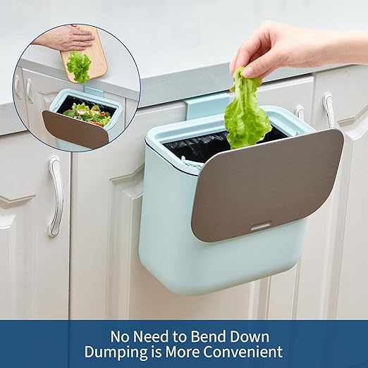 Hanging Kitchen Trash Can with Lid - 1.8 Gallon Small Compost Bin for Cabinet Door, Under Sink - Odor-Sealing Stainless Steel Top Food Waste Bin for RV, Bathroom, Office - Indoor Recycling Bin