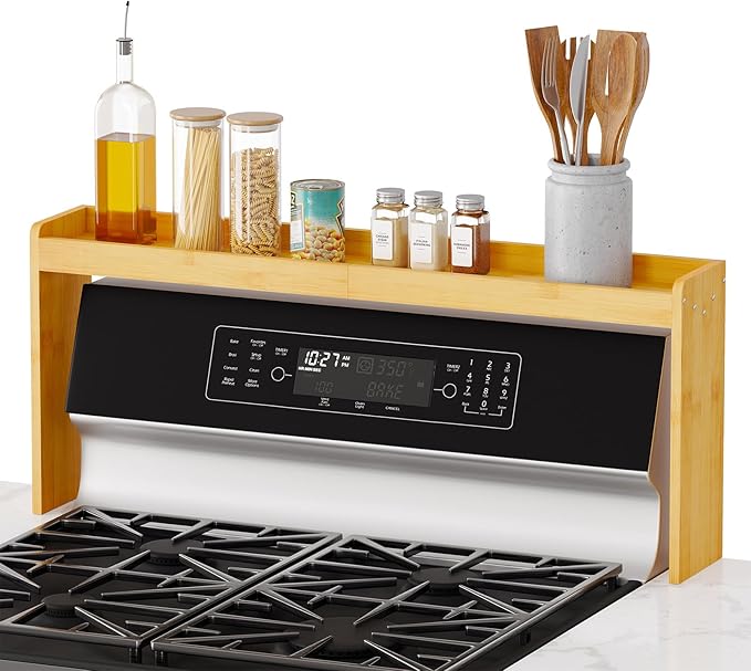SpaceAid Bamboo Over the Stove Spice Holder Shelf, 31.5" Kitchen Organizer Stove Spice Top Rack, 11.6" Height Countertop Storage, Over Oven Back Sink Organization Shelf, Natural