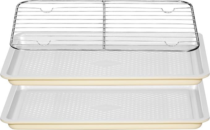 Nonstick Ceramic Baking Sheet with Rack, 2-Pack 13x9 Quarter Sheet Pan,(External 10x14), Non-Toxic PTFE & PFOA Free Warp-Free Oven Safe 550°F Dishwasher Safe, Aluminized Steel, Gray Yellow