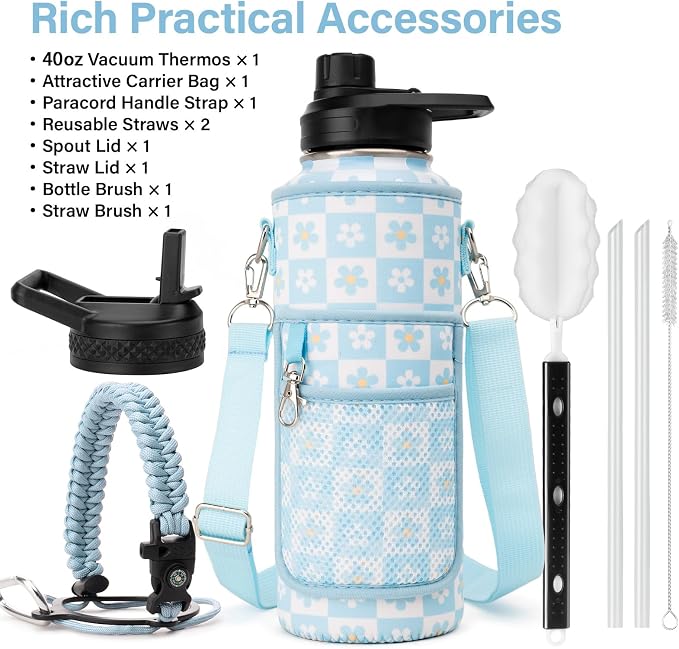 DYSANKY Water Bottle Gift– Insulated Stainless Steel Bottle with Carrier Bag, Strap & Gift Box – BPA-Free – Ideal for Hiking, Camping & Travel - Blue Plaid Flower 40 oz