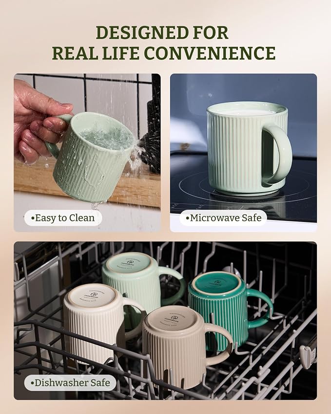 famiware Coffee Mug Set for 6, Star 12 oz Catering Mugs Cup Set with Handle for Coffee, Tea, Cocoa, Milk- Ceramic Stoneware Drinkware Set, Light Green