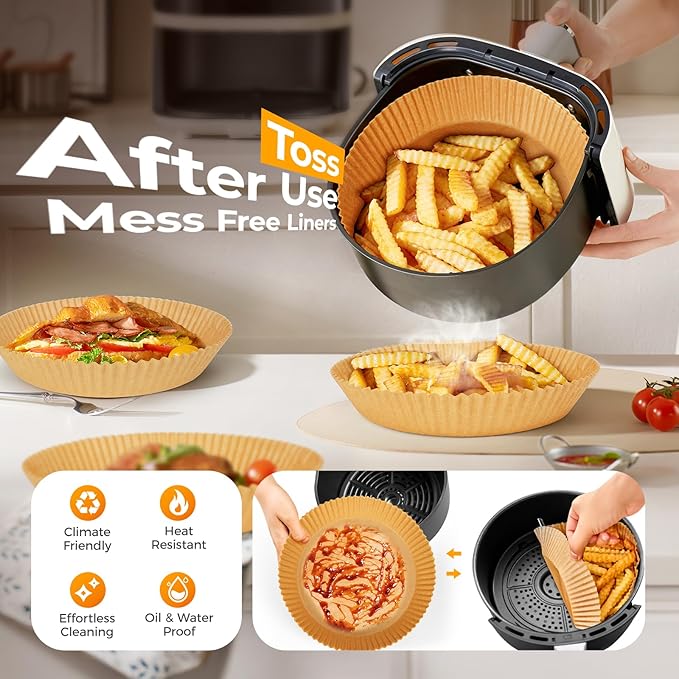 250 Pcs 8" Round Air Fryer Liners Disposable, Unbleached Parchment Paper Liners for Airfryer Basket, Non-Stick & Leakproof Baking Paper for Oven Roasting