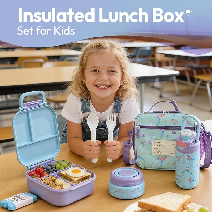 Itslife Bento Box for Kids Set, insulated food container,kids lunch box, 7 oz thermos for hot food, 12 oz thermos water bottle, Reusable Insulated Ice Bag & Fork Spoon Utensils Camping Travel Purple