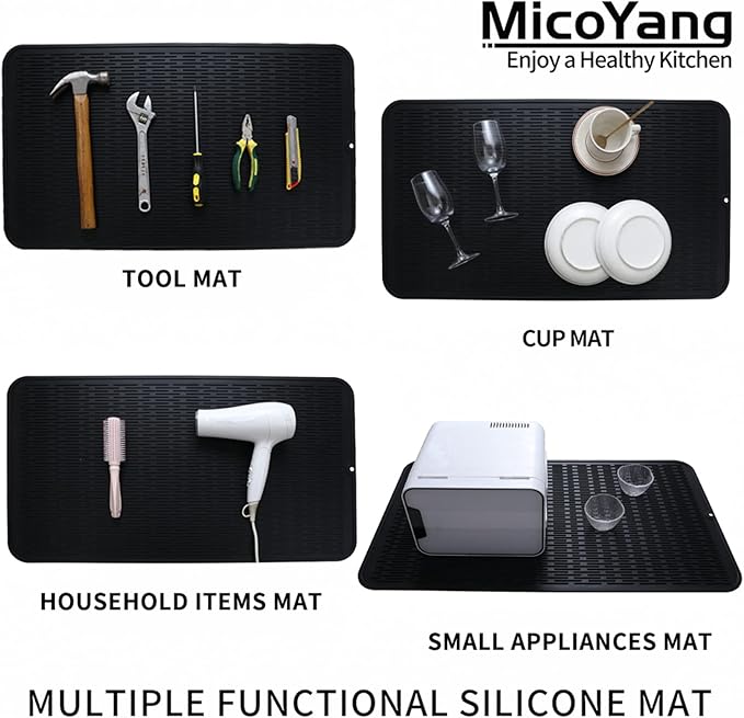 MicoYang Silicone Dish Drying Mat for Multiple Usage,Easy clean,Eco-friendly,Heat-resistant Silicone Mat for Kitchen Counter or Sink,Refrigerator or Drawer Liner Black 4XL 32 inches x 18 inches