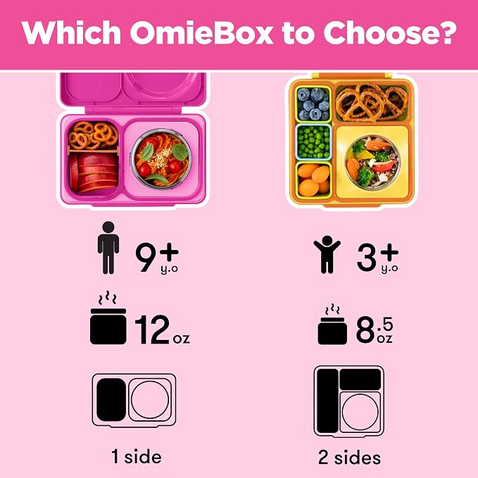 Omie OmieBox UP bento Box for Kids | Insulated Lunch Box | Leak Proof Vacuum Insulated Thermal Food jar | Cooler ice Pack | 2 Compartments (Pop Pink)