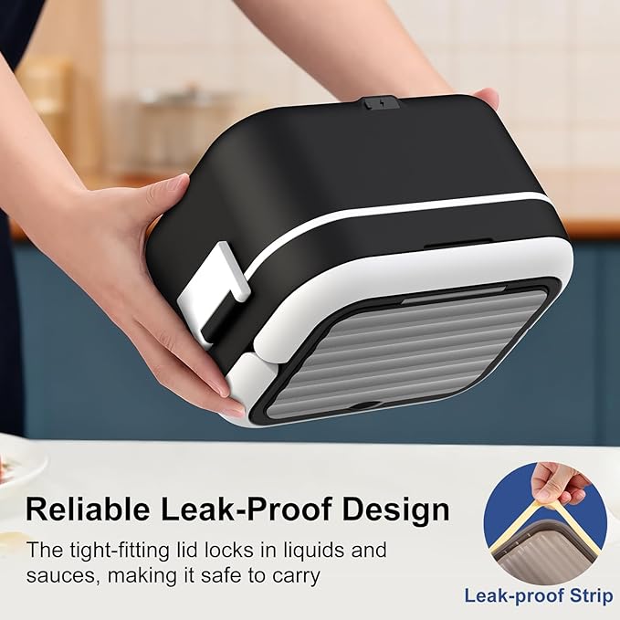 Cordless Electric Heated Lunch Box, 1.5L - 6.3 Cups 100W Rechargeable Smart Self-Heating Food Warmer with Removable Divider, Spoon, Fork, BPA Free, Portable Lunchbox for Car Travel Office Black