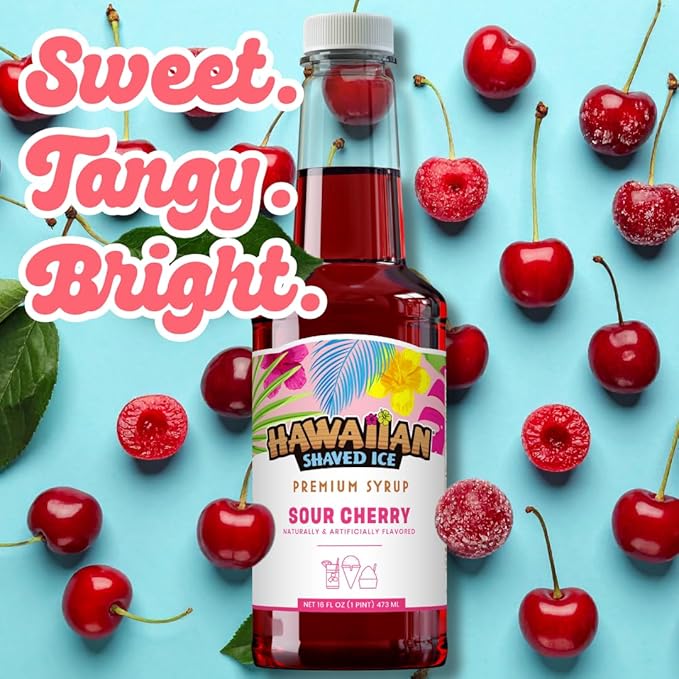 Hawaiian Shaved Ice Sour Cherry Syrup - Nut Soy Dairy Free - Flavor Fluffy & Crunchy Snow Cones - Shelf Stable - Makes 8 Servings - 16 ounces