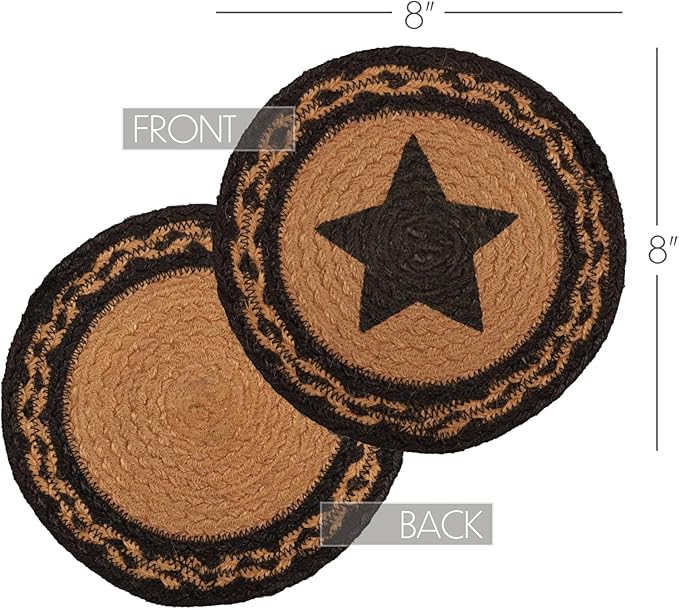 VHC Brands Farmhouse Primitive Star Black Stenciled Textured Round Kitchen Table Jute Trivet 8