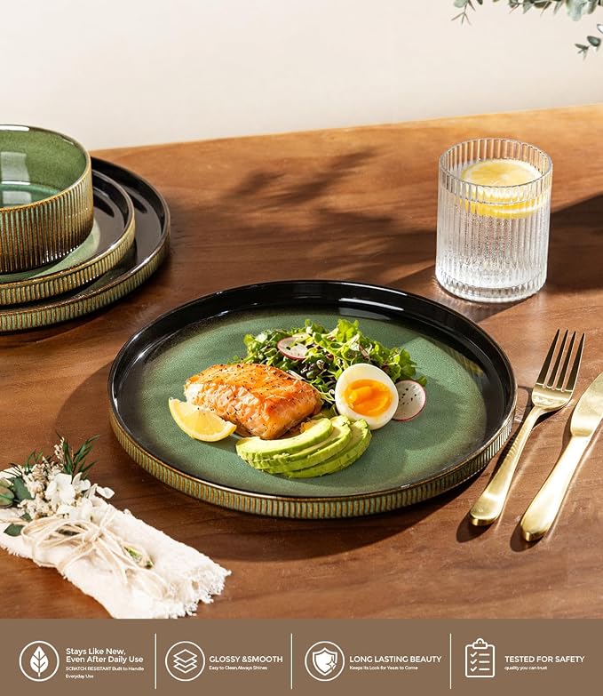 GBHOME 12-Piece Stoneware Dinnerware Set for 4 – Ribbed Ceramic Plates and Bowls, Scratch-Resistant, Microwave & Dishwasher Safe, Reactive Glaze, Rustic Green Gradient