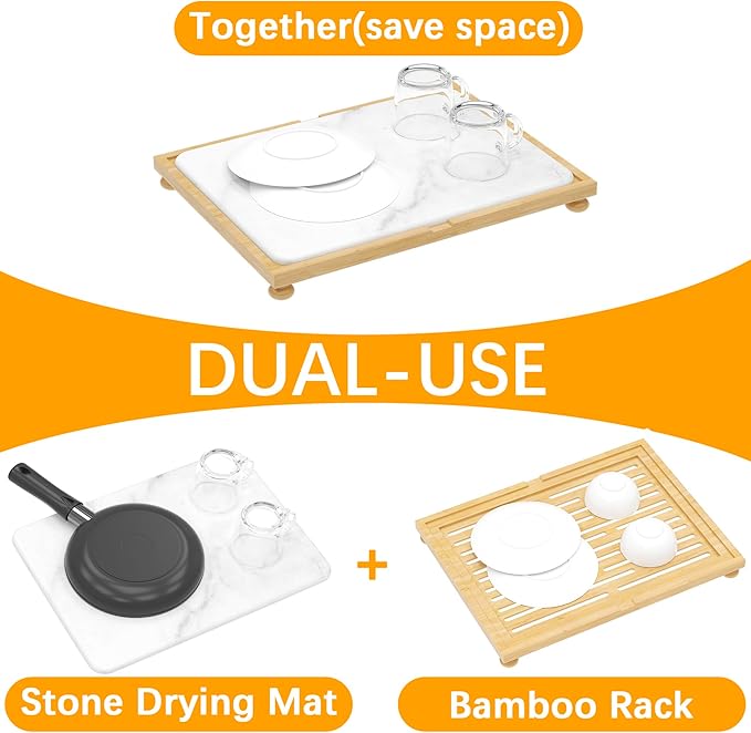 Golener Stone Drying Mat for Kitchen Counter, Dish Drying Pad with Bamboo Rack, Super Absorbent Diatomaceous Earth and Drying Rack, Multi-purpose Quick Drying Mat Rack for Kitchen,16”x12”,Marble White