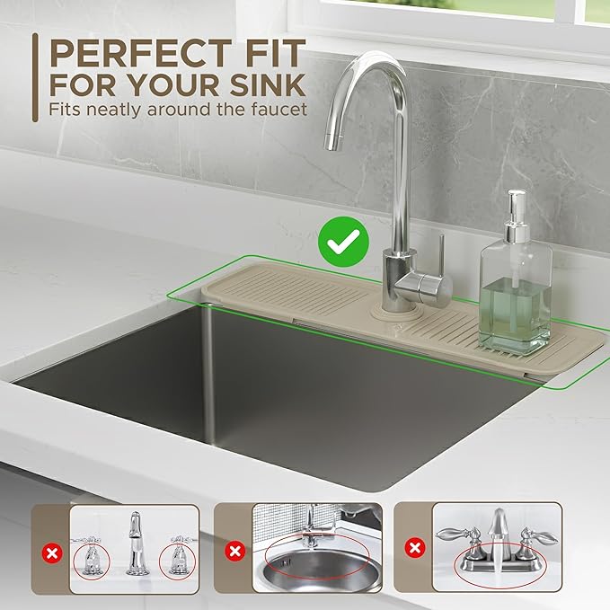 24 Inch Longer Faucet Mat for Kitchen Sink| 5° Slope Fast Self-Draining Sink Splash Guard | Multipurpose Faucet Mat Foldable Durable No Smell | Cut-to-Fit Opening Up to 2.6in | Biege