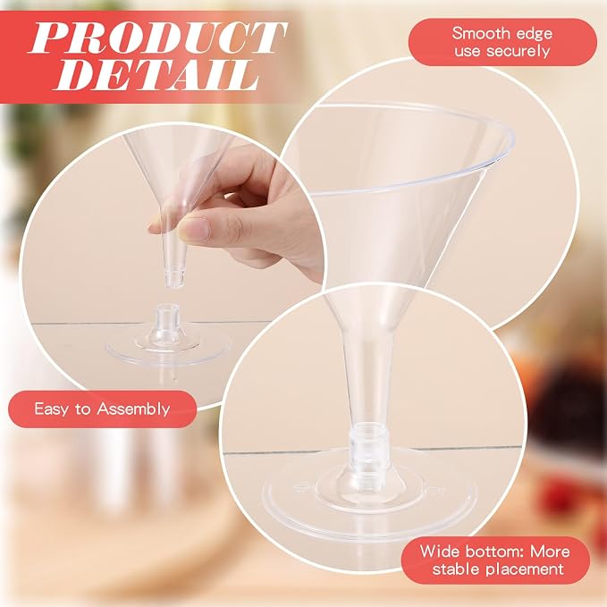 Irenare 100 Pcs 7 oz Plastic Martini Glasses and Cocktail Picks Set Disposable Clear Cocktail Dessert Glasses Unbreakable Mini Cups for Wedding Party Wine Appetizers Food