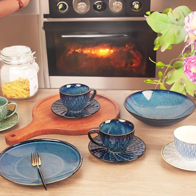 Coffee Mugs Set, 6.8 Oz,Ceramic Tea Cup with saucer, Espresso Cups 8-piece, Stackable Cups, for Latte,Hot Tea,Cappuccino, Mocha, Cocoa, dishwasher & microwave safe,Royal blue