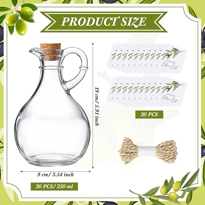 Vesici 20 Set Olive Oil Bottle with Stopper Mini Glass Oil Cruet Dispenser with Label Vinegar Bottle with Spout for Kitchen Salad Dressing Syrup Container for Wedding Baby Shower Favors(8.5 oz 3)