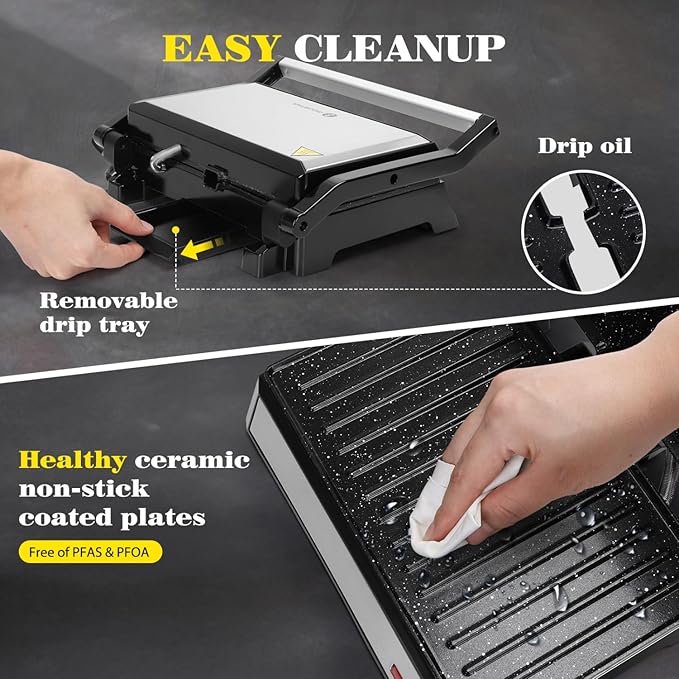 Aigostar 2in1 Sandwich Maker Panini Press Grill with Nonstick Plates, and Aigostar Panini Press, 1200W Sandwich Maker and Electric Indoor Grill with Ceramic Non-Stick Coated Plates, Opens 180°