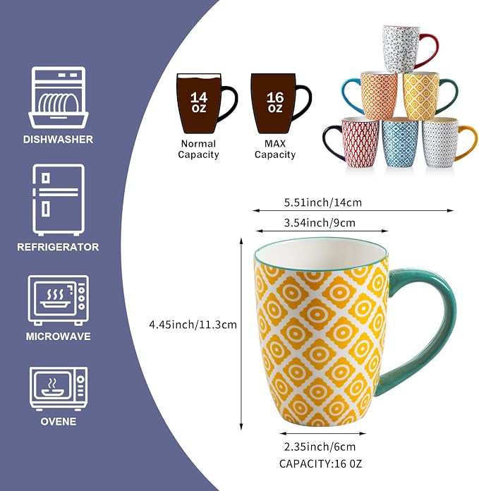 Ceramic Coffee Mugs Set - 16 Oz Large Porcelain Tea Cups with Handle for Men Women Cappuccino Latte Cocoa - Microwave Dishwasher Safe - Christmas Housewarming Gift - Set of 6 - Assorted Colors